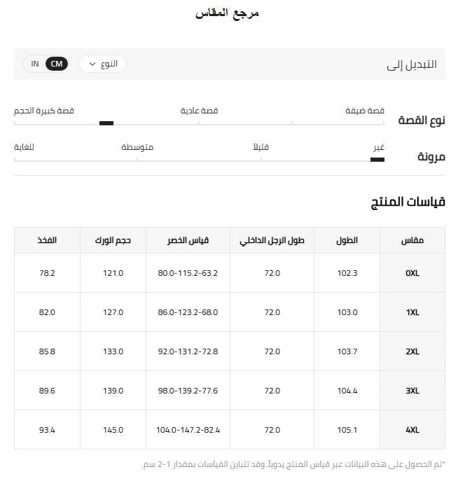 قياسات البناطيل ذات الاحجام الكبيرة للنساء من شي ان