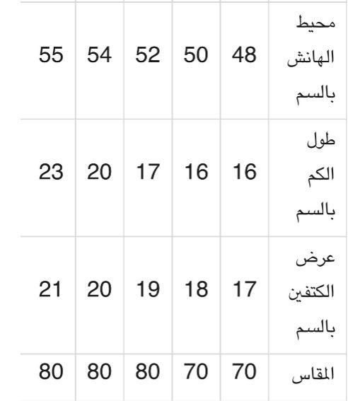مقاسات متجر نبتة القطن