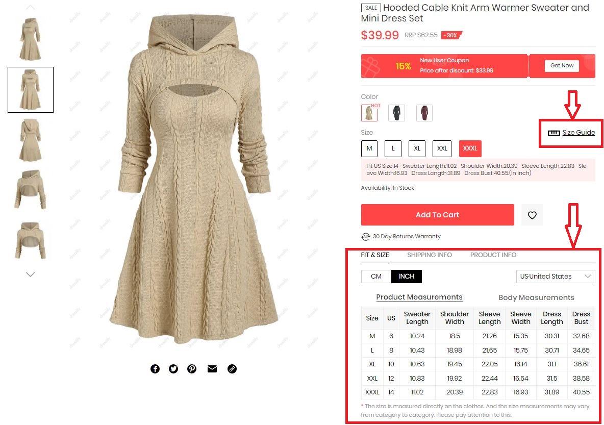 How to access the size chart of any product in Dressley?