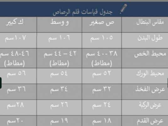 جدول مقاسات القلم الرصاص
