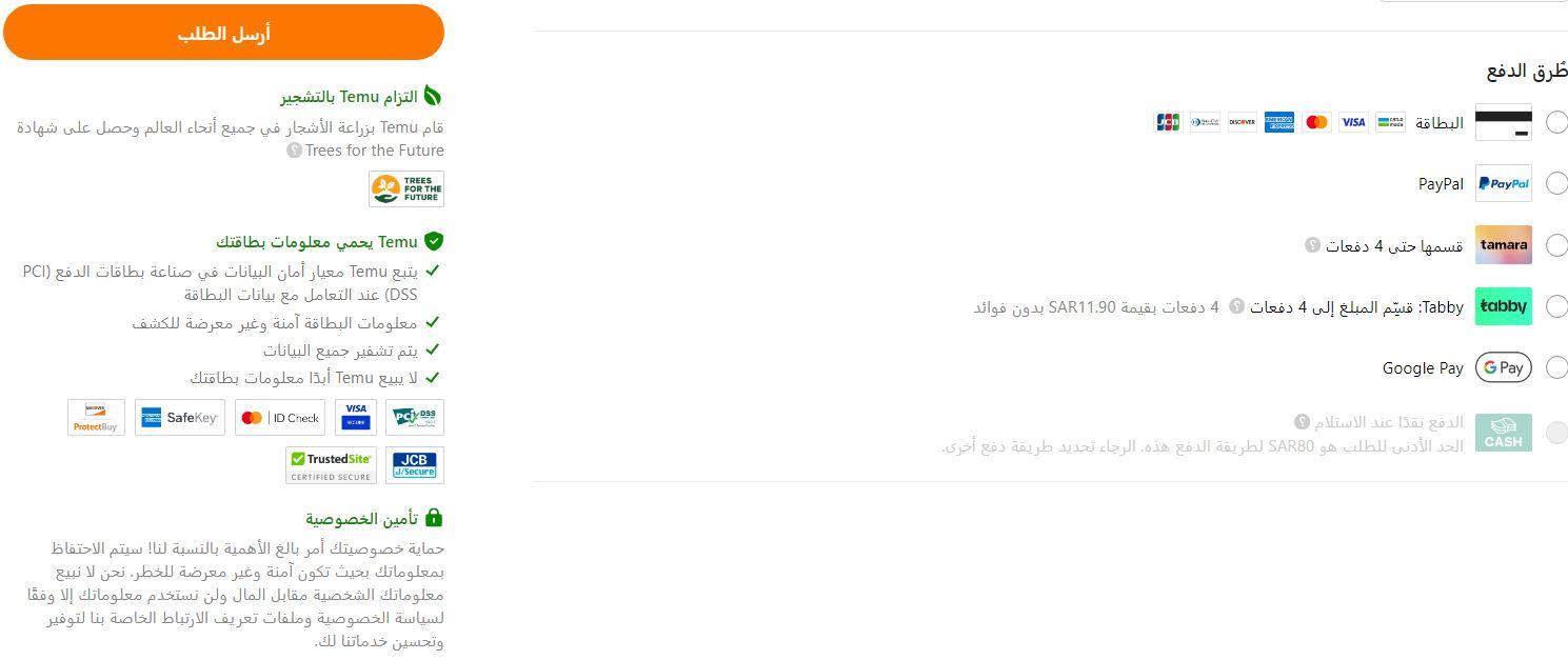 طرق دفع Temu