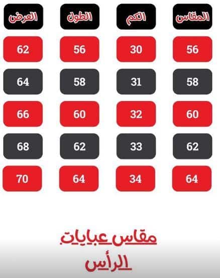 مقاسات متجر بوكنان للعبايات